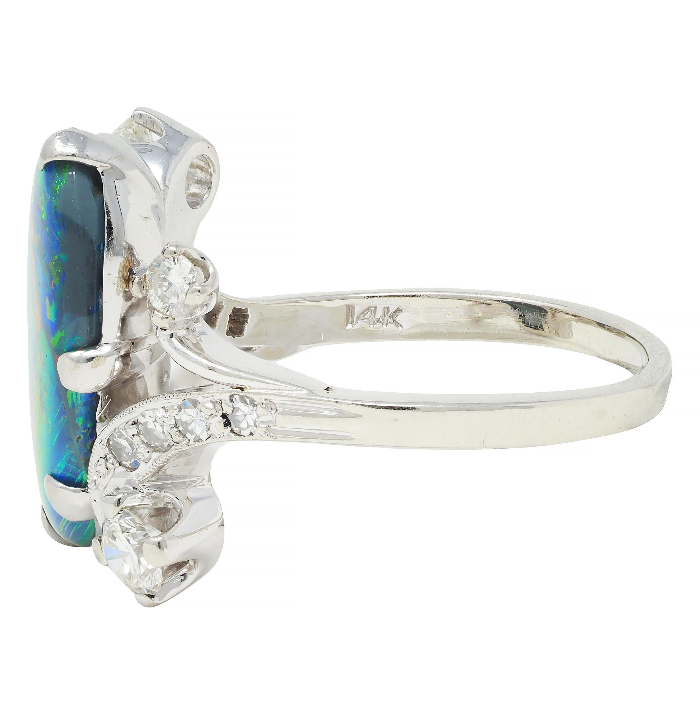 1950's Black Opal Diamond 14 Karat White Gold Scrolling Navette Bypass Ring For Sale 1