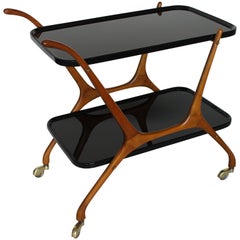 1950s Black Opaline Glass and Beech Structure Italian Bar Cart