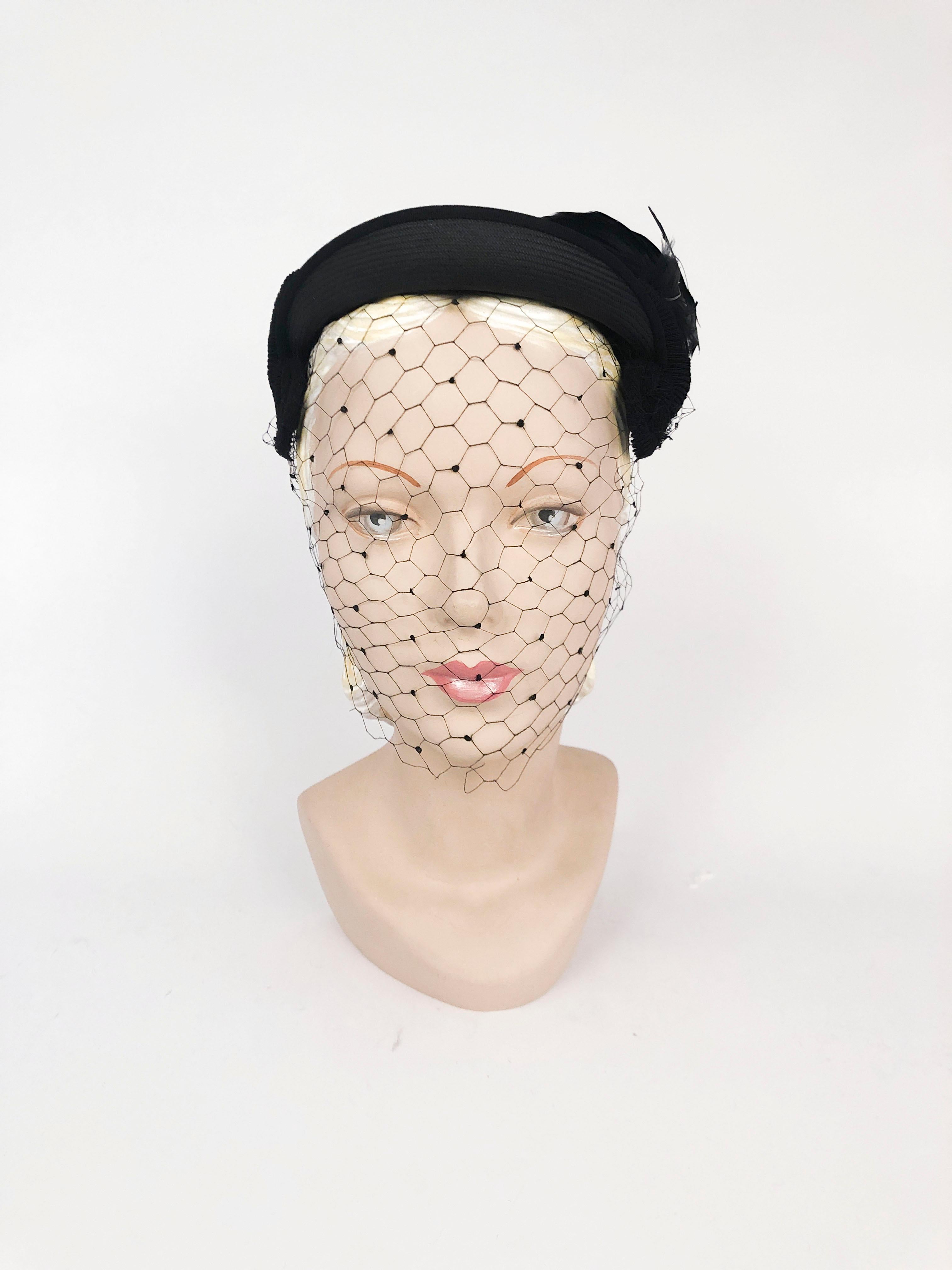1950s Black Panama Straw Hat with Ruched gros-grain trimming and Feather Accents. This Hat also features a full face veil that is either tied or pinned in the back of the head.