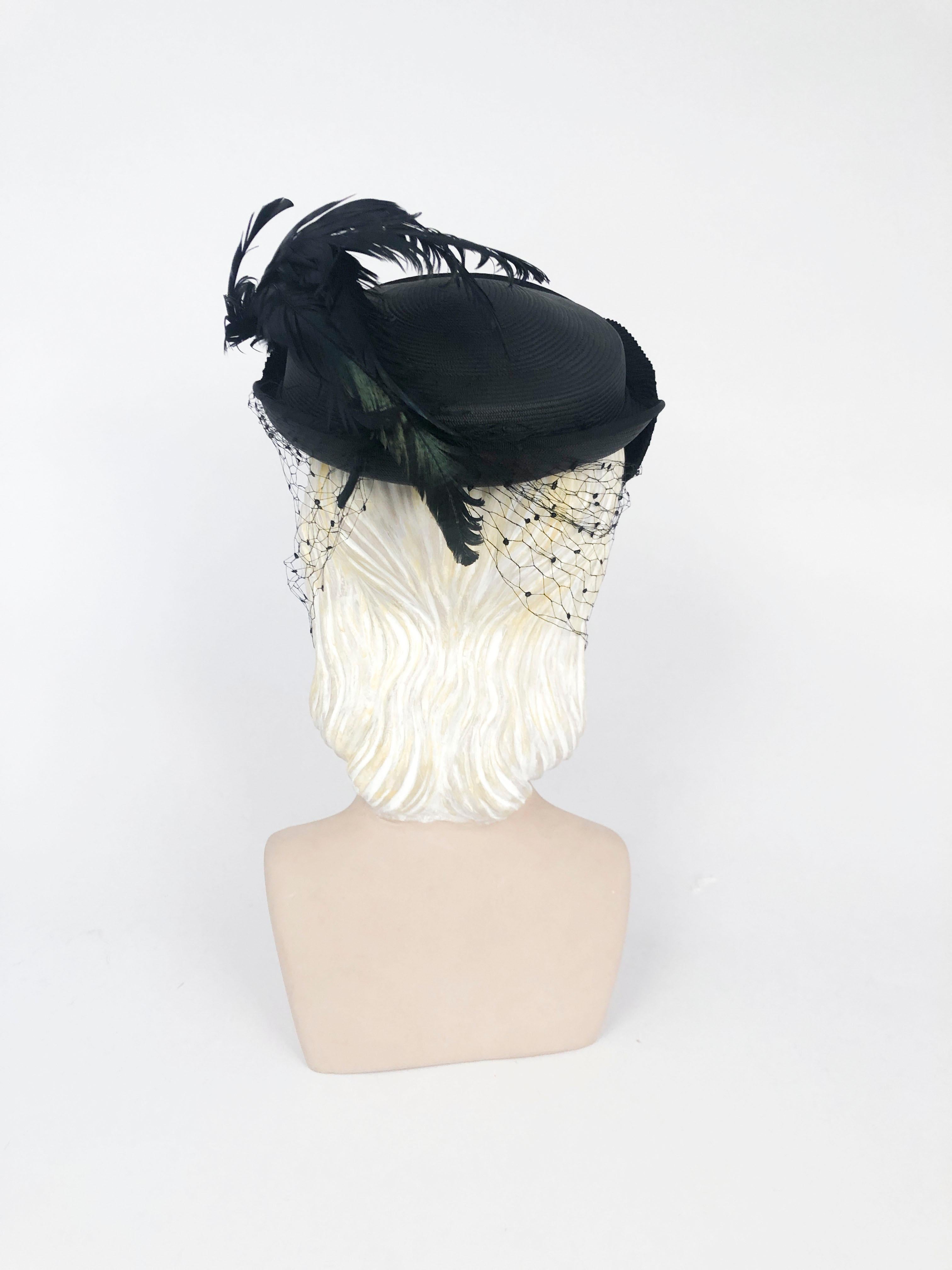 Women's 1950s Black Panama Straw Hat with Ruched and Feather Accents