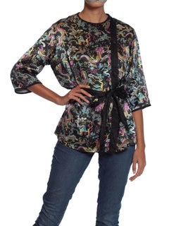 1950S Black & Pink Rayon Cotton Satin Chinese Dragon Print Bed Jacket Top