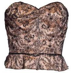 1950S Noir et rose satin de soie, dentelle Chantilly, bustier avec perles