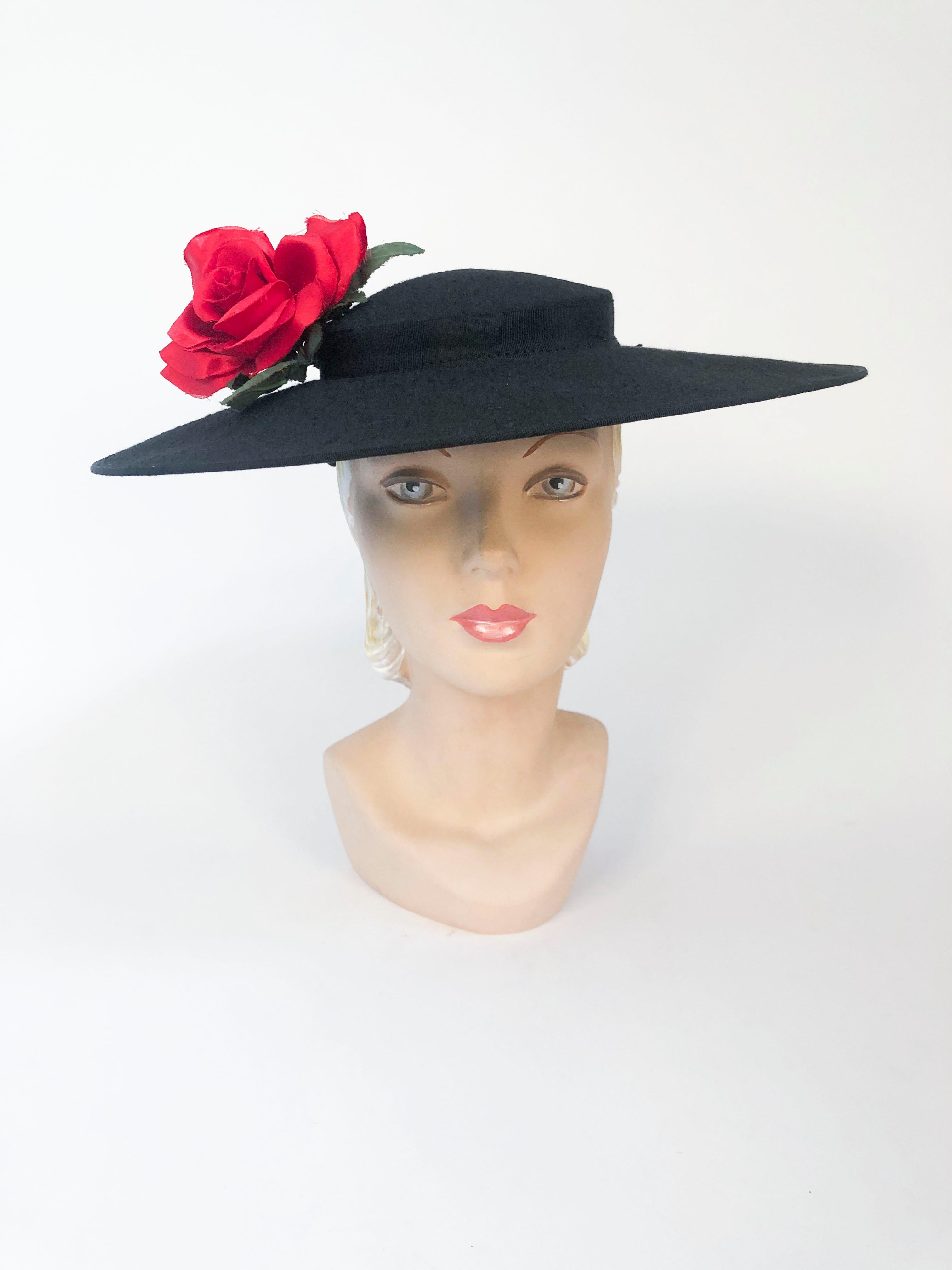 1950s Black Raw Silk Picture hat with Silk Handmade Flower and grosgrain ribbon edge