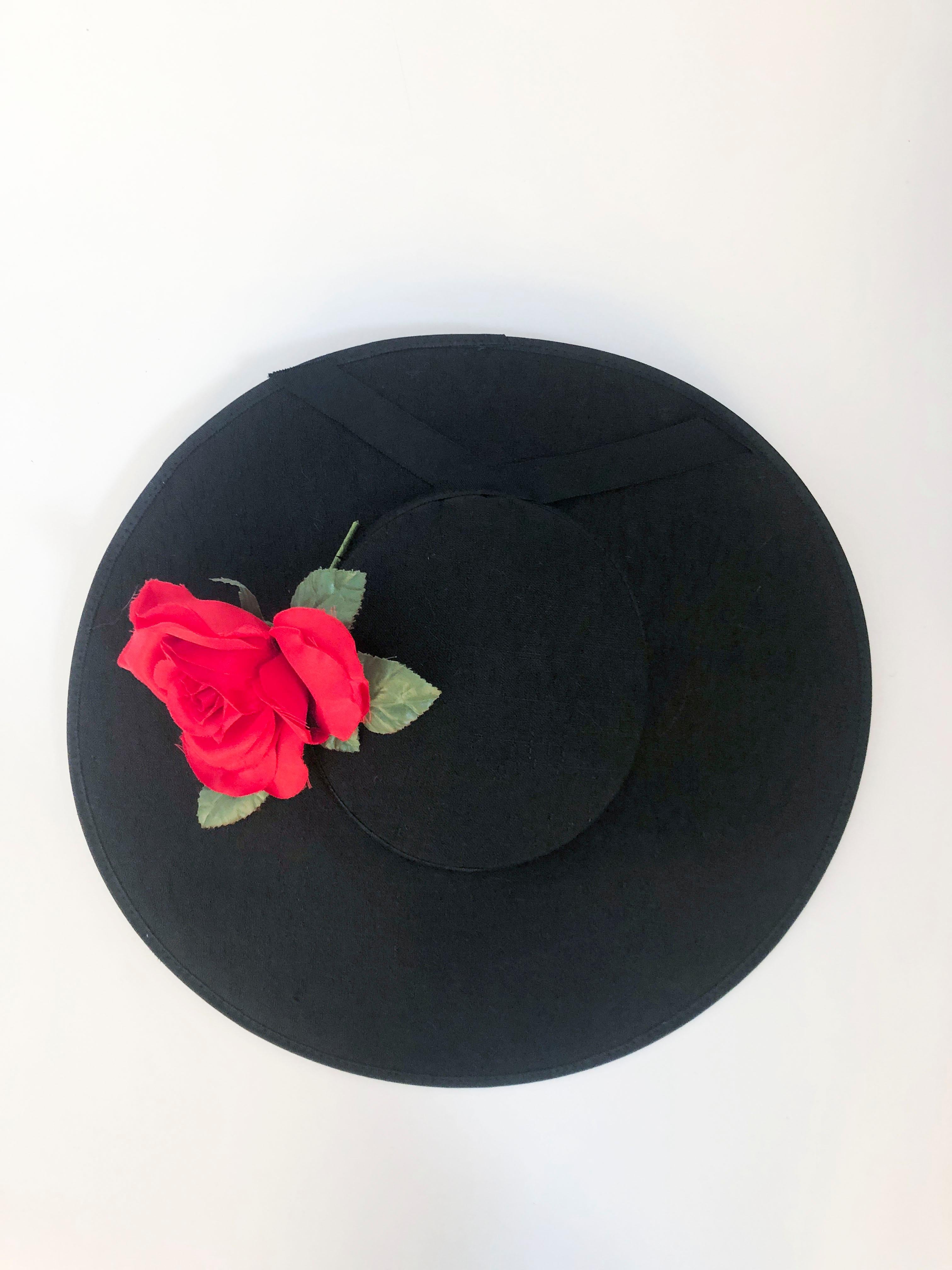 1950s Black Raw Silk Picture hat with Silk Handmade Flower For Sale at ...