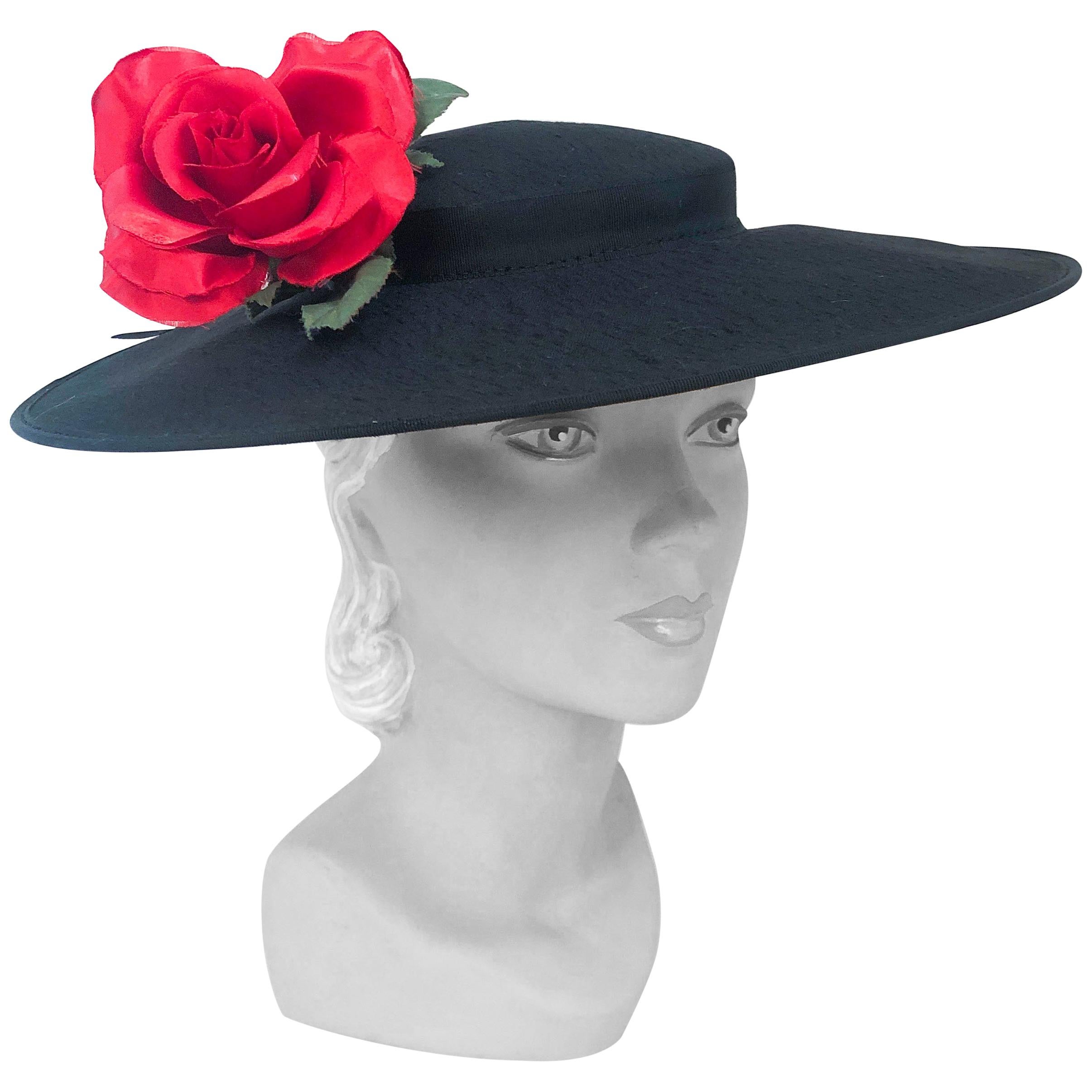 1950s Black Raw Silk Picture hat with Silk Handmade Flower For Sale