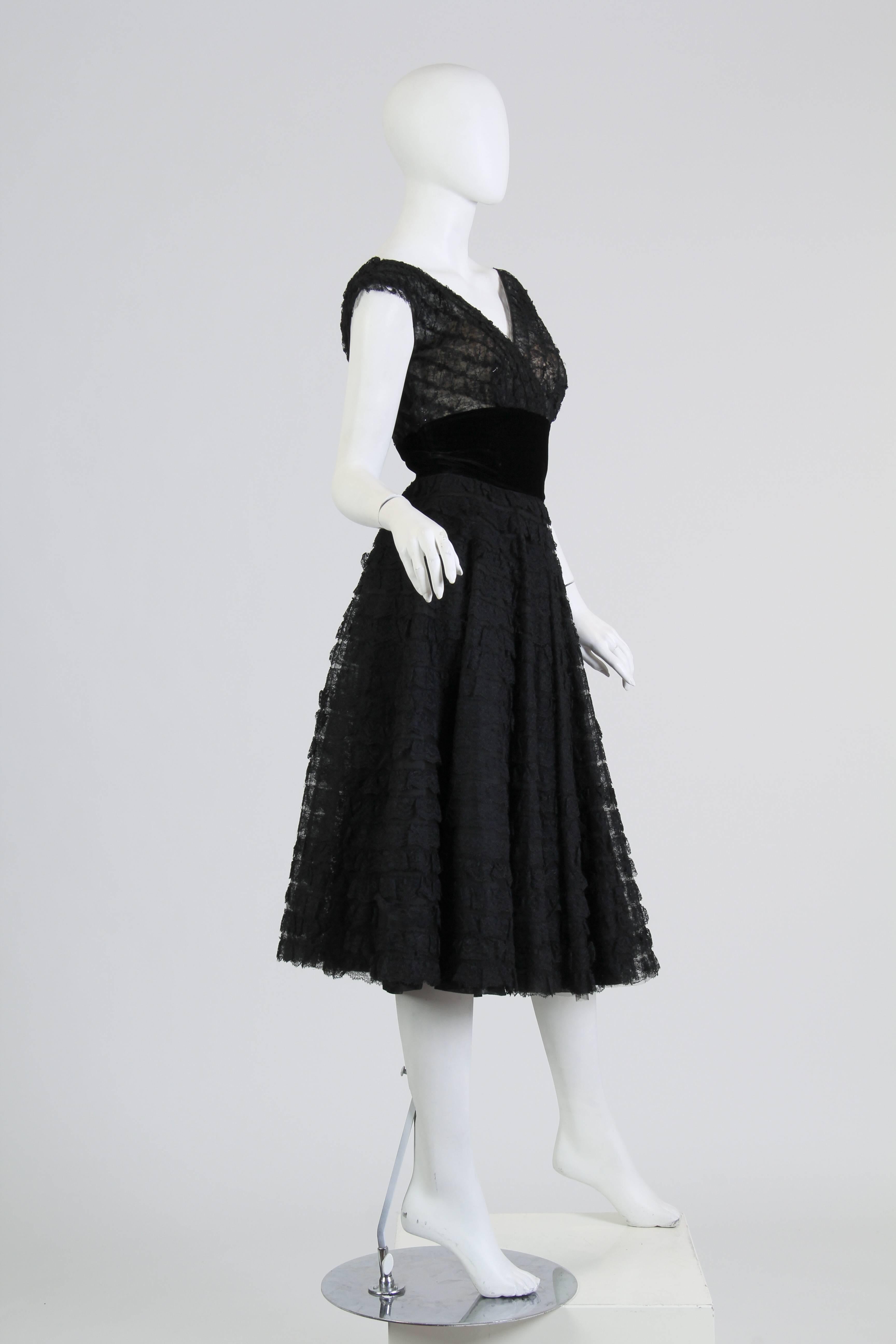 1950S Black Rayon & Silk Lace Ruffled Fit Flare Swing Skirt Cocktail Dress In Excellent Condition For Sale In New York, NY