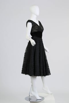 1950S Black Rayon & Silk Lace Ruffled Fit Flare Swing Skirt Cocktail Dress