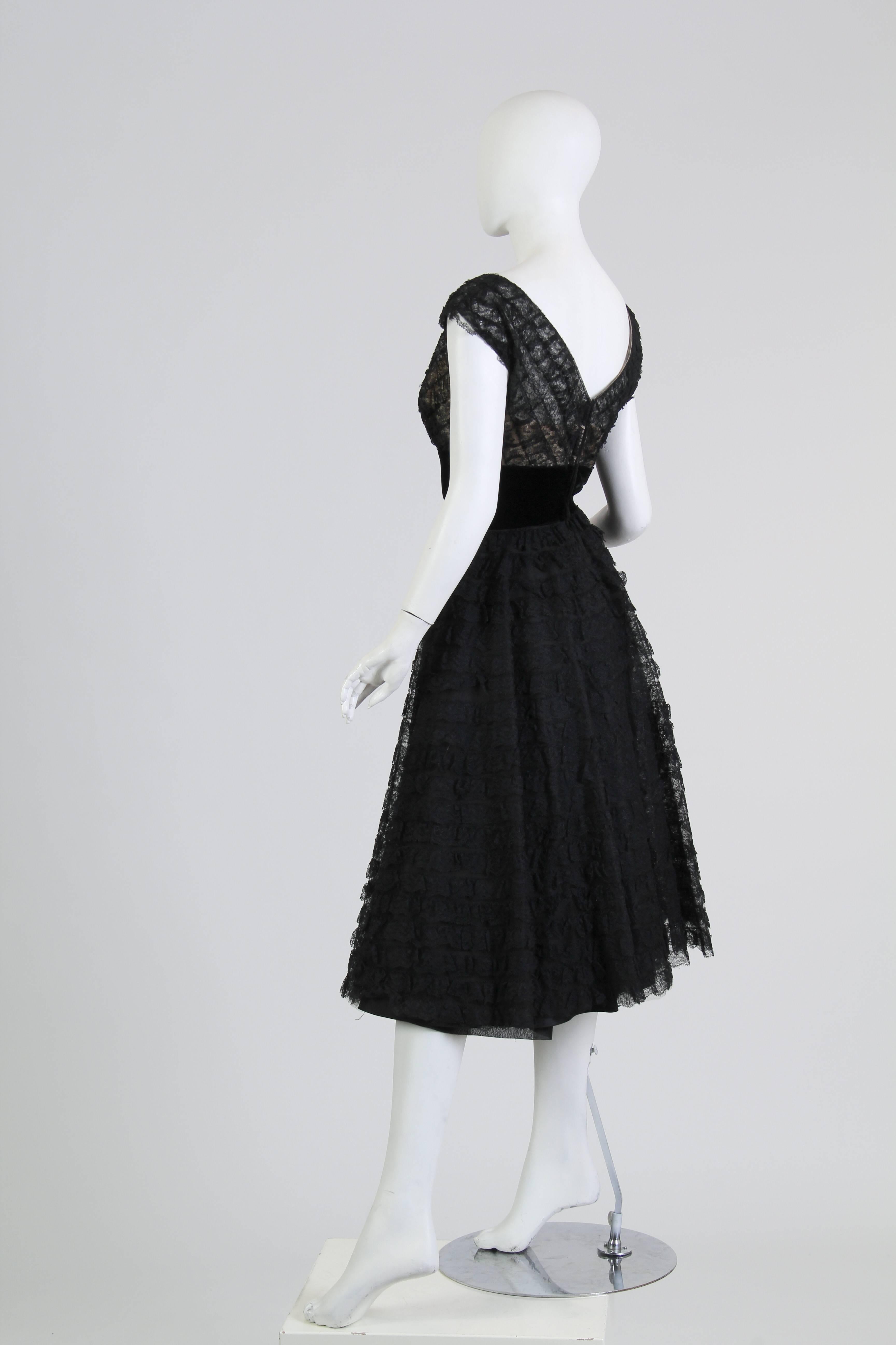Women's 1950S Black Rayon & Silk Lace Ruffled Fit Flare Swing Skirt Cocktail Dress For Sale