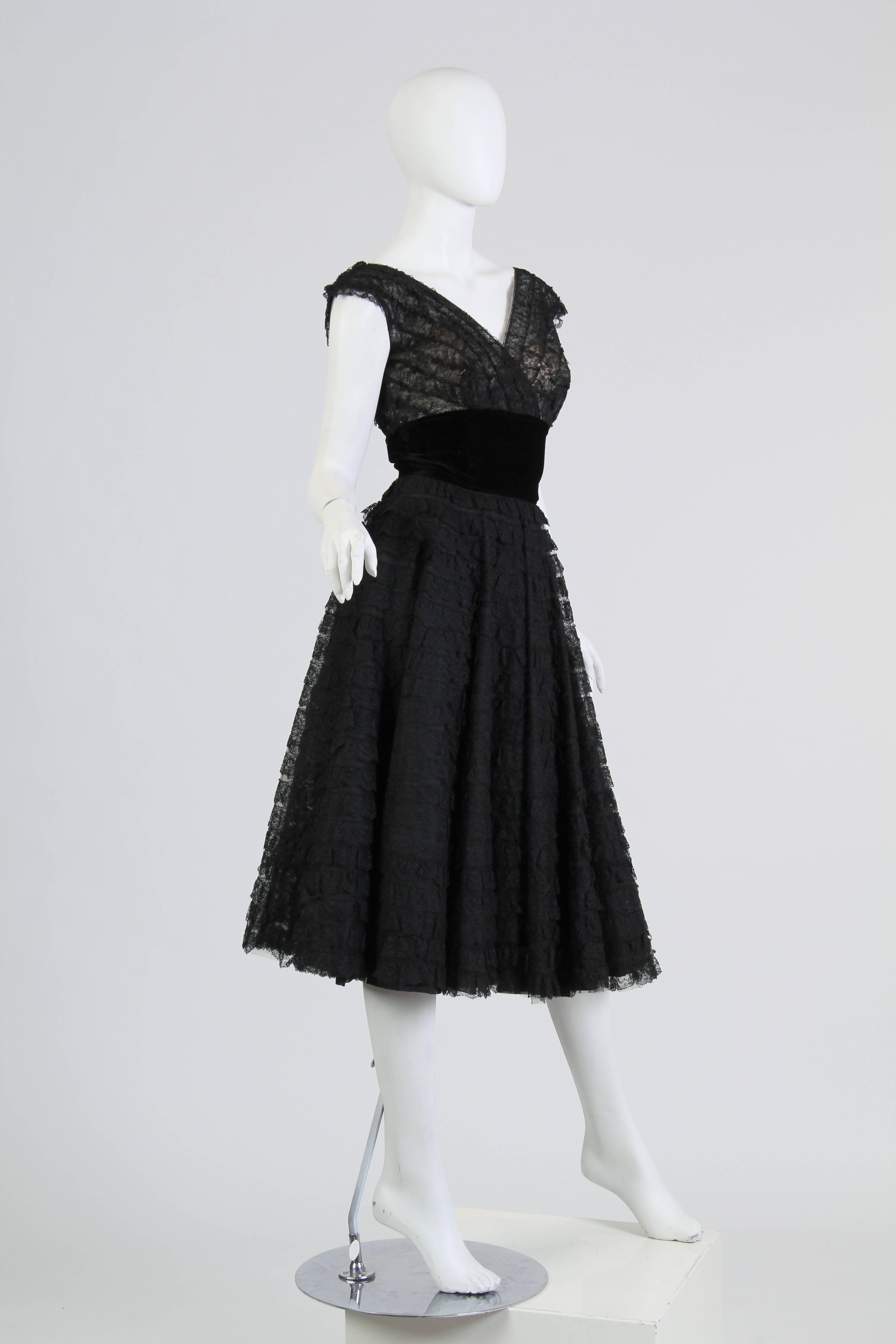 1950S Black Rayon & Silk Lace Ruffled Fit Flare Swing Skirt Cocktail Dress For Sale 1