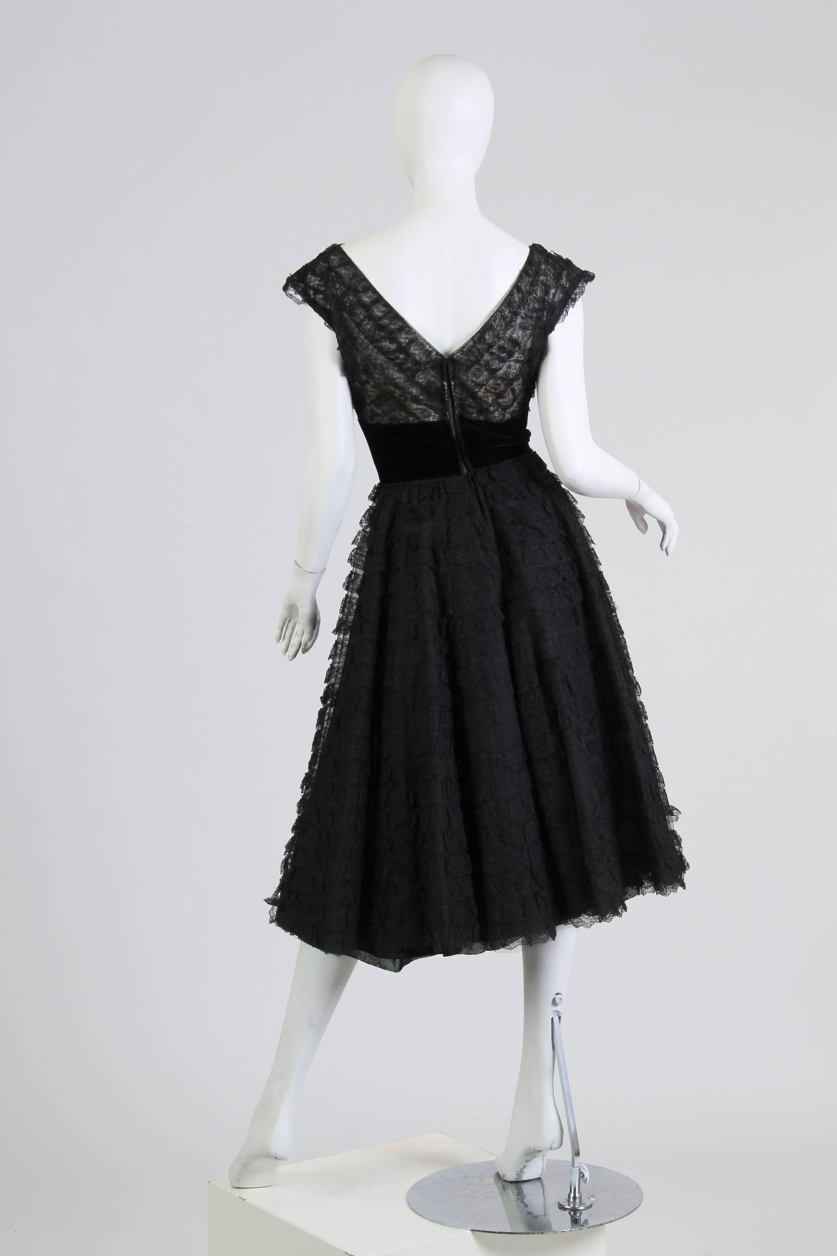 1950S Black Rayon & Silk Lace Ruffled Fit Flare Swing Skirt Cocktail Dress For Sale 2