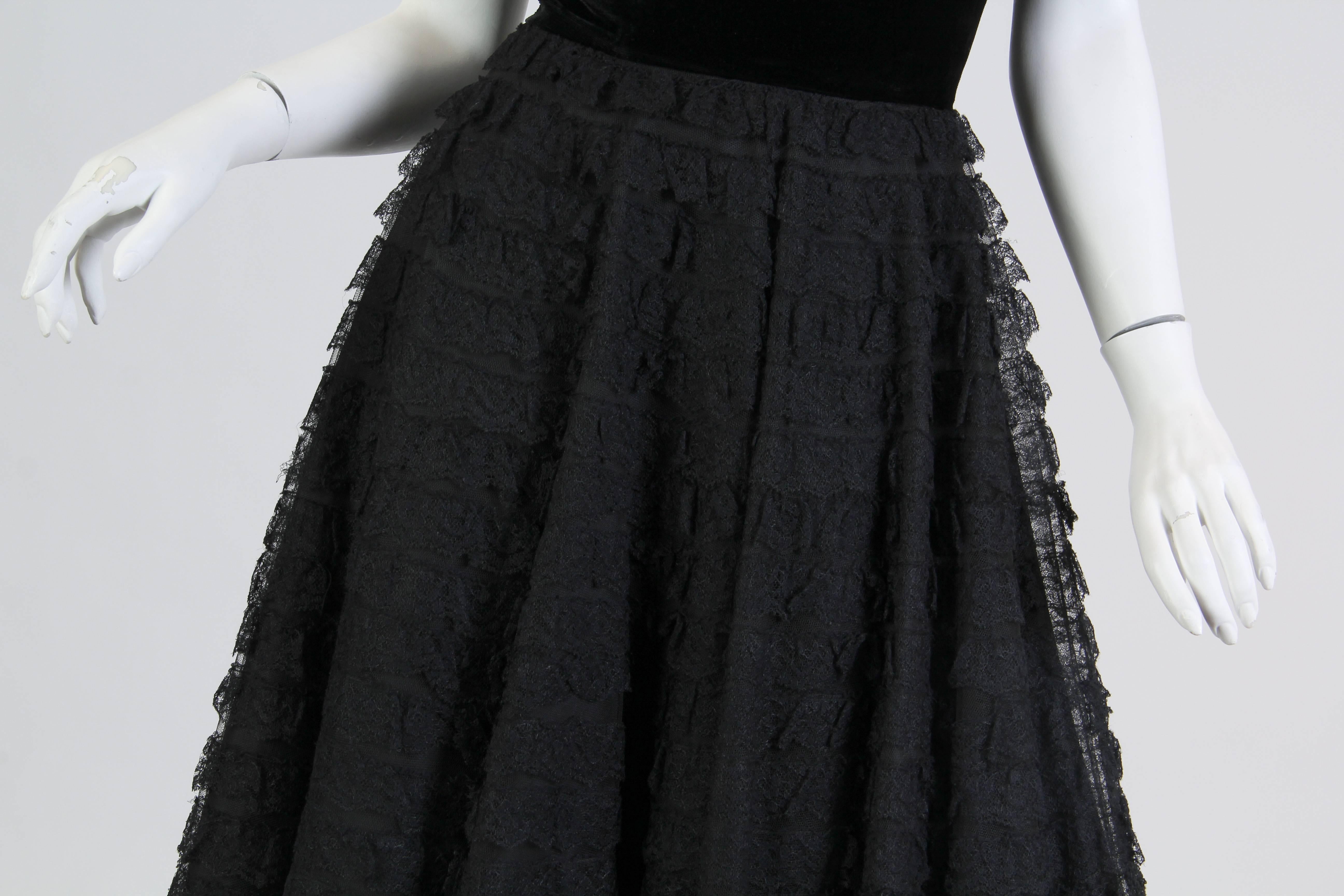 1950S Black Rayon & Silk Lace Ruffled Fit Flare Swing Skirt Cocktail Dress For Sale 5