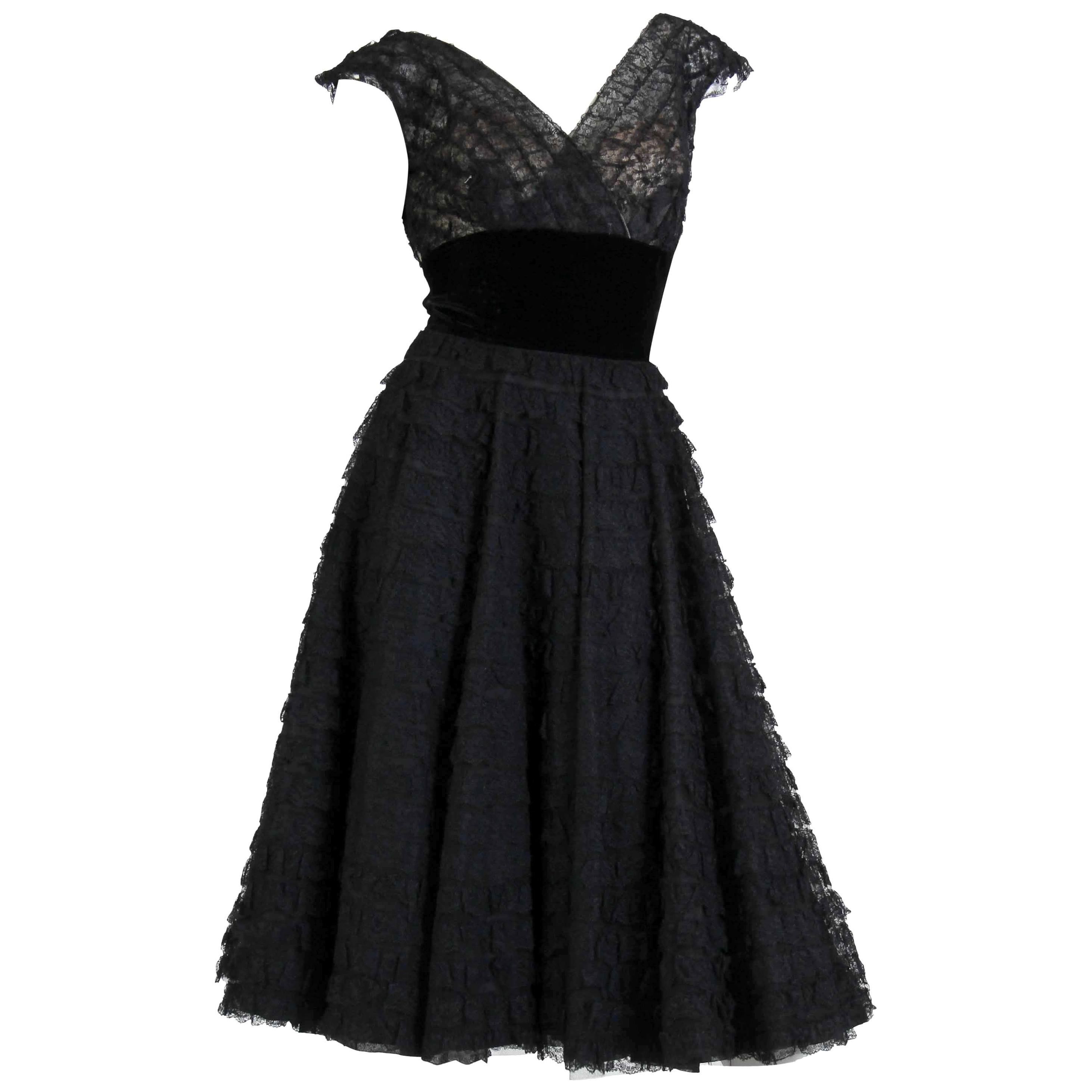 1950S Black Rayon & Silk Lace Ruffled Fit Flare Swing Skirt Cocktail Dress