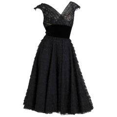 Retro 1950S Black Rayon & Silk Lace Ruffled Fit Flare Swing Skirt Cocktail Dress