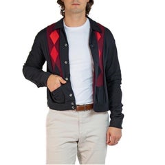 1950S Black & Red Poly Blend Knit Men's Argyle Cardigan With Pockets