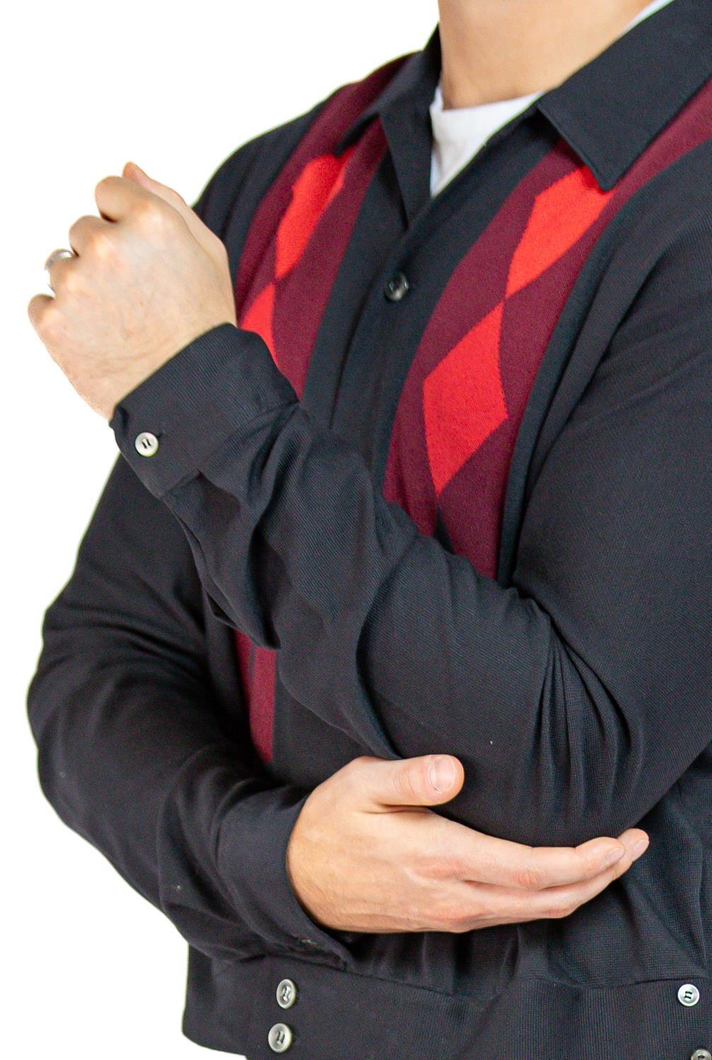 1950S Black & Red Poly Blend Knit Men's Argyle Cardigan With Pockets For Sale 4
