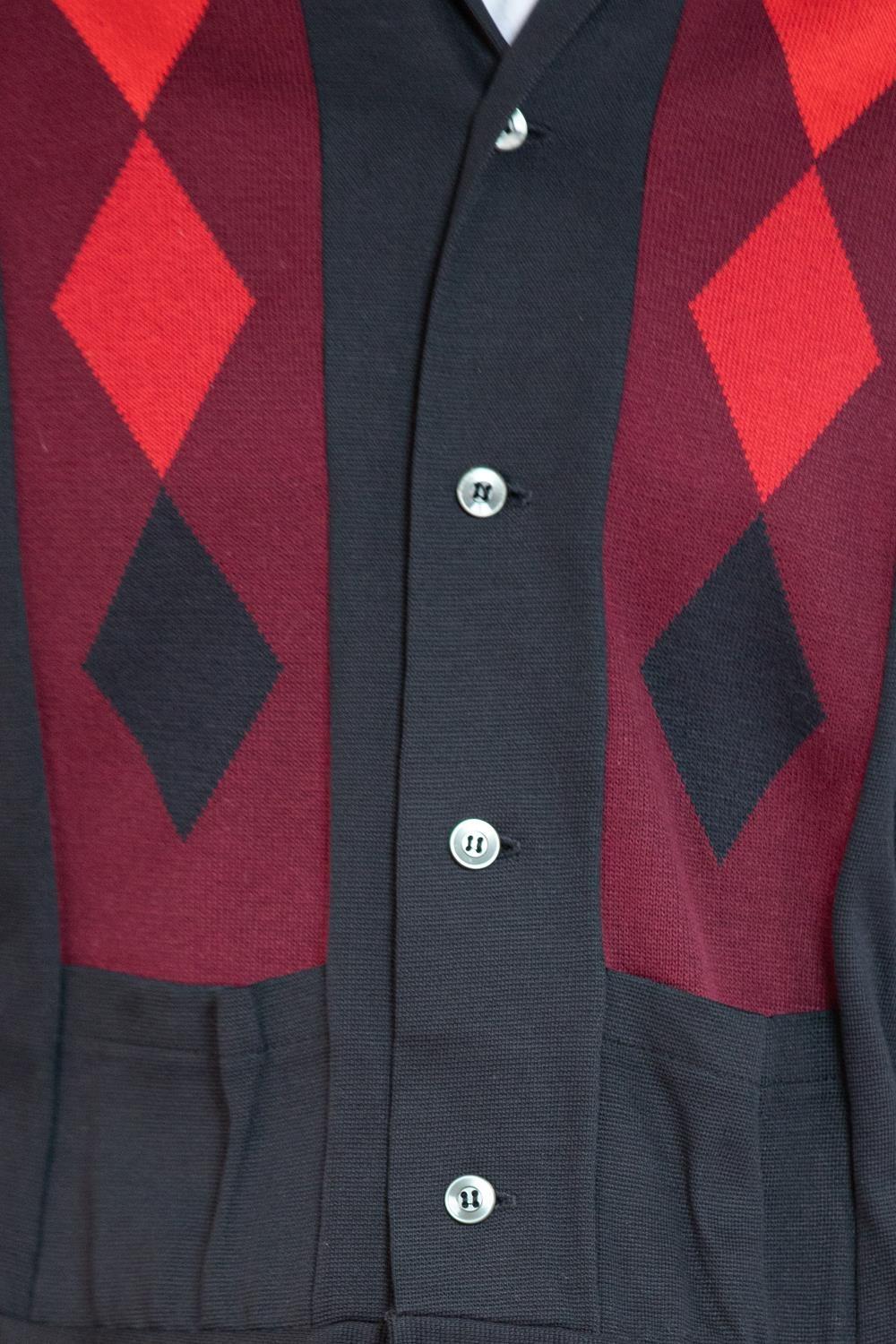 1950S Black & Red Poly Blend Knit Men's Argyle Cardigan With Pockets For Sale 6
