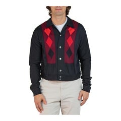 1950S Black & Red Poly Blend Knit Men's Argyle Cardigan With Pockets