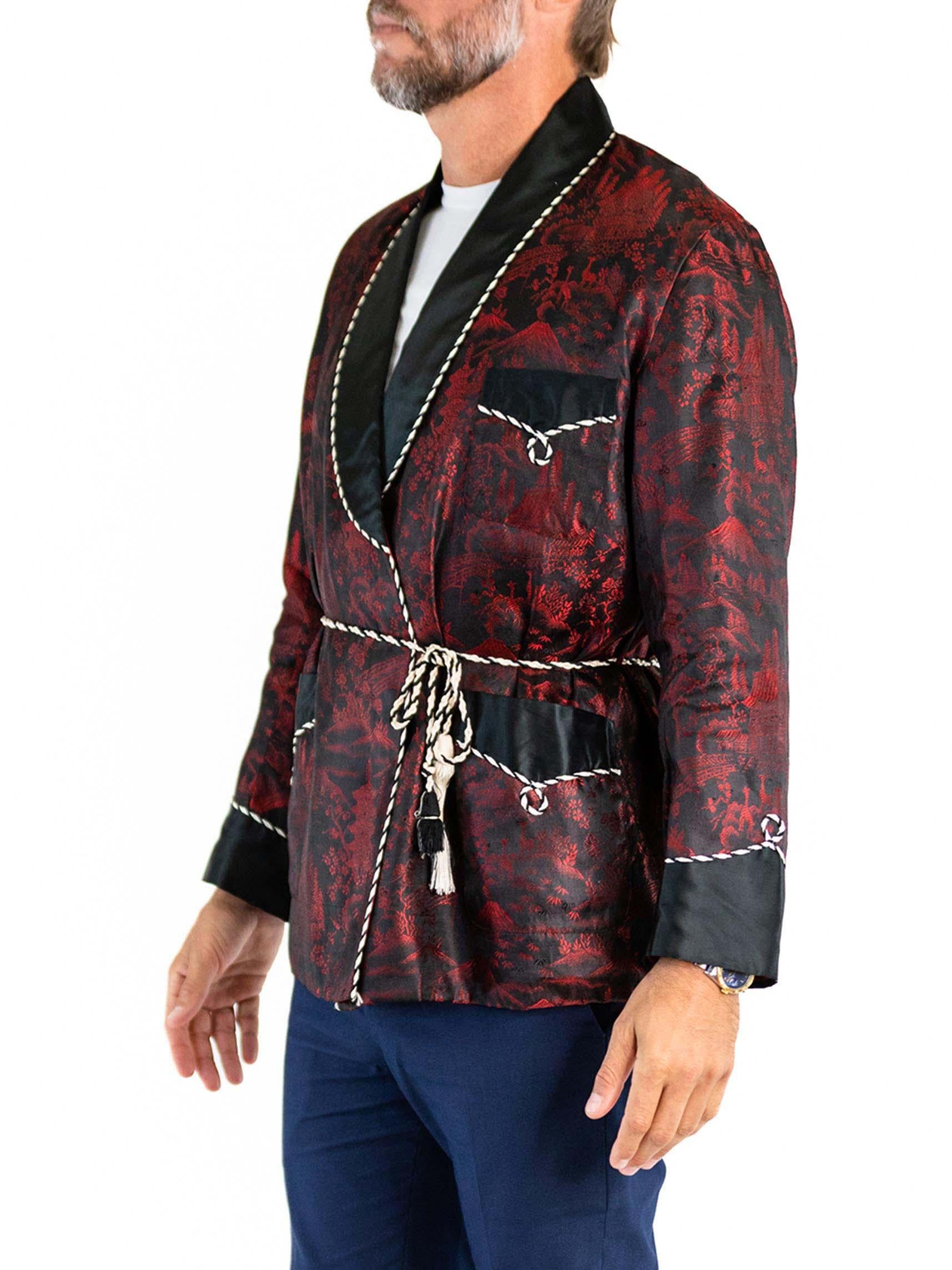 Men's 1950S Black & Red Rayon Blend Jacquard Japanese Scenic Smoking Jacket With Rope