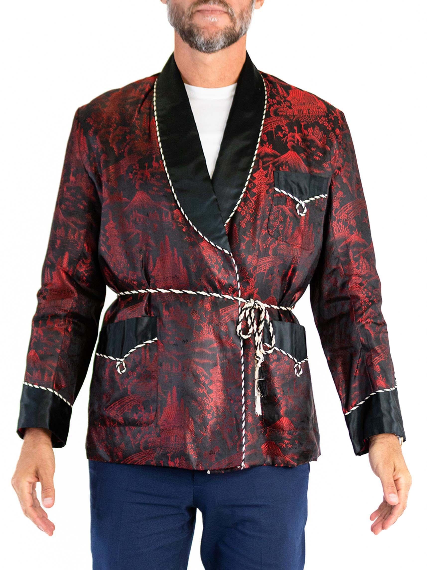 1950S Black & Red Rayon Blend Jacquard Japanese Scenic Smoking Jacket With Rope 1