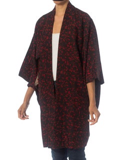 1950S Black & Red Silk Floral Japanese Kimono