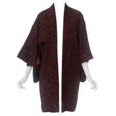 Vintage 1950S Black & Red Silk Floral Japanese Kimono