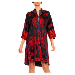 1950S Black & Red Silk Satin Fully Hand-Embroidered Chinese Kimono