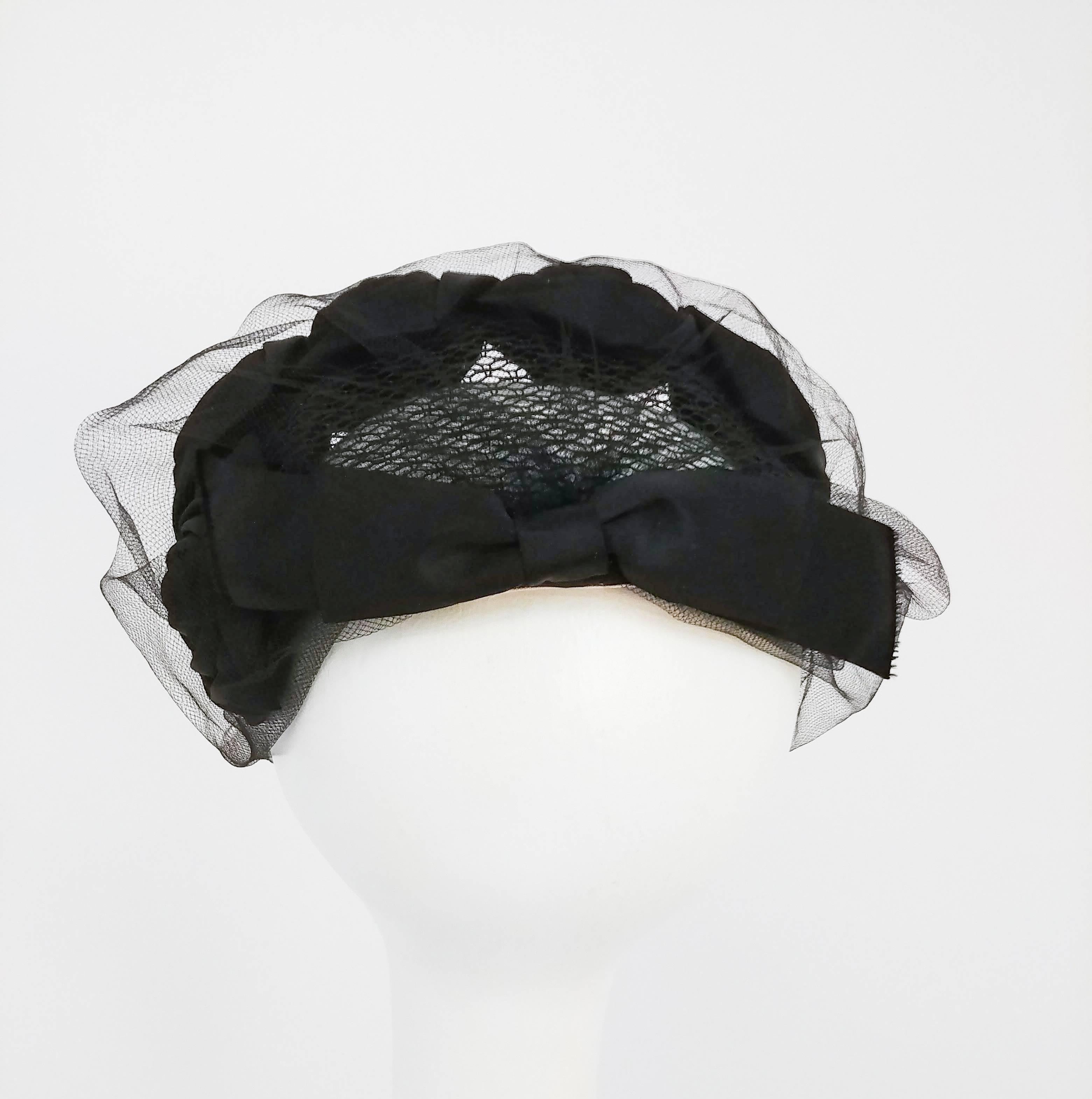 Women's 1950s Black Rose Cocktail Hat w/ Veil