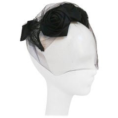 1950s Black Rose Cocktail Hat w/ Veil