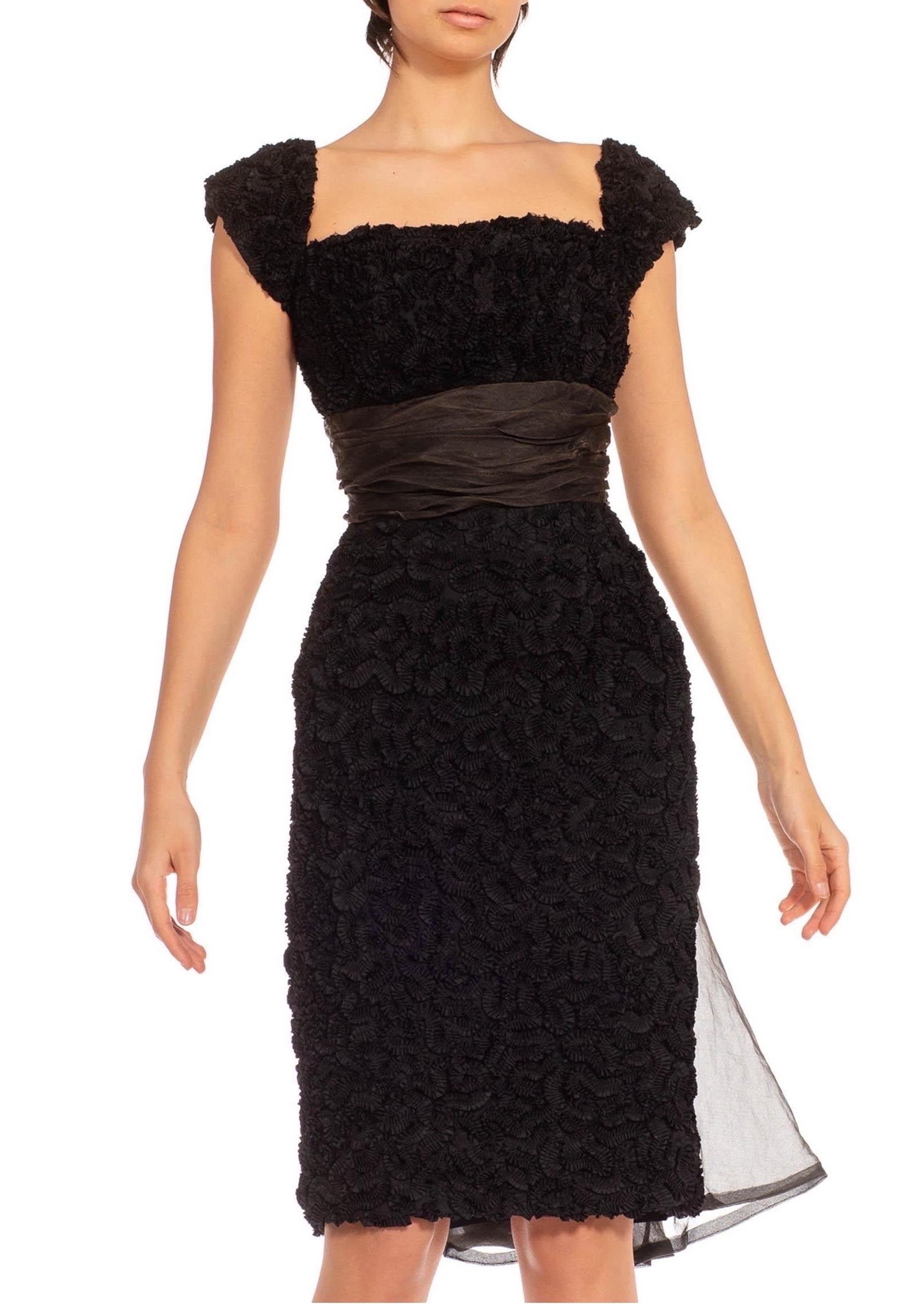 1950S Black Ruffled Appliqué  Cocktail Dress With Silk Sash In Excellent Condition In New York, NY