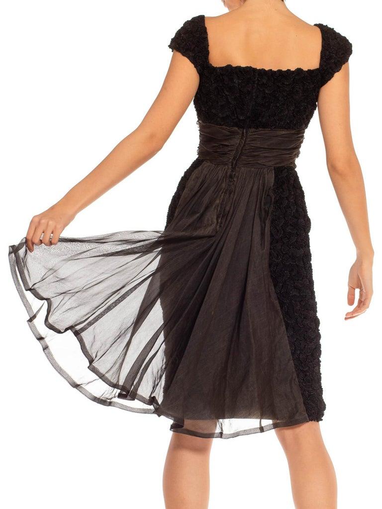 1950S Black Ruffled Appliqué  Cocktail Dress With Silk Sash 2