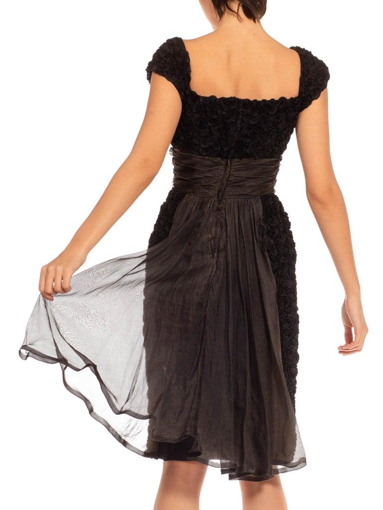 1950S Black Ruffled Appliqué  Cocktail Dress With Silk Sash 3