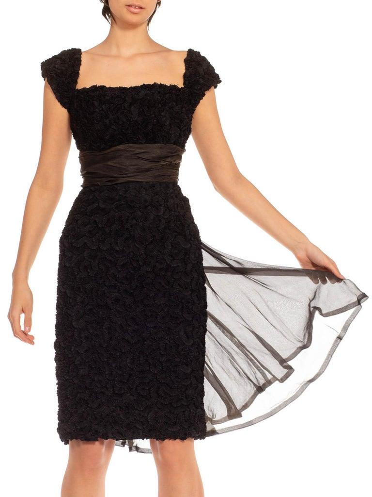 1950S Black Ruffled Appliqué  Cocktail Dress With Silk Sash 4