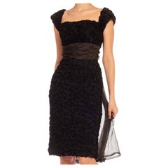 1950S Black Ruffled Appliqué  Cocktail Dress With Silk Sash