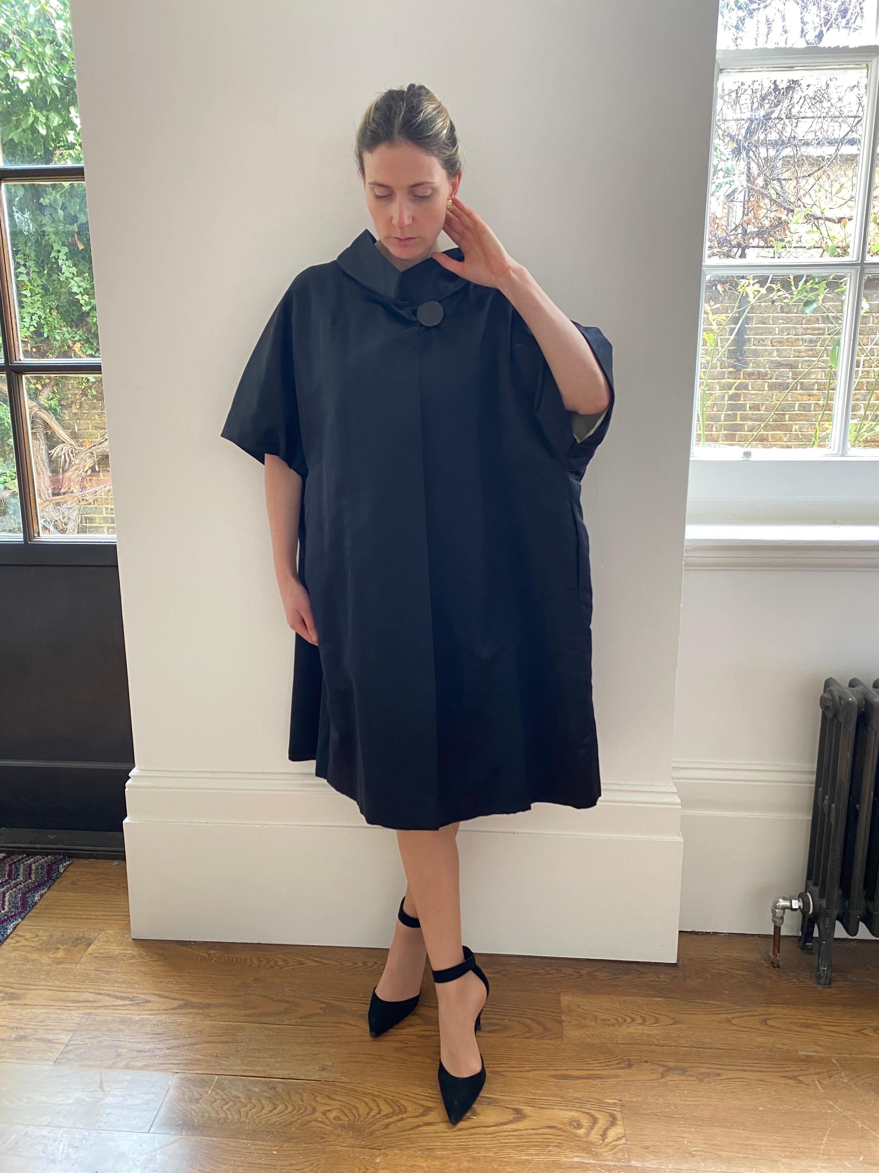 1950s Black Satin Oversized Cocoon Coat 