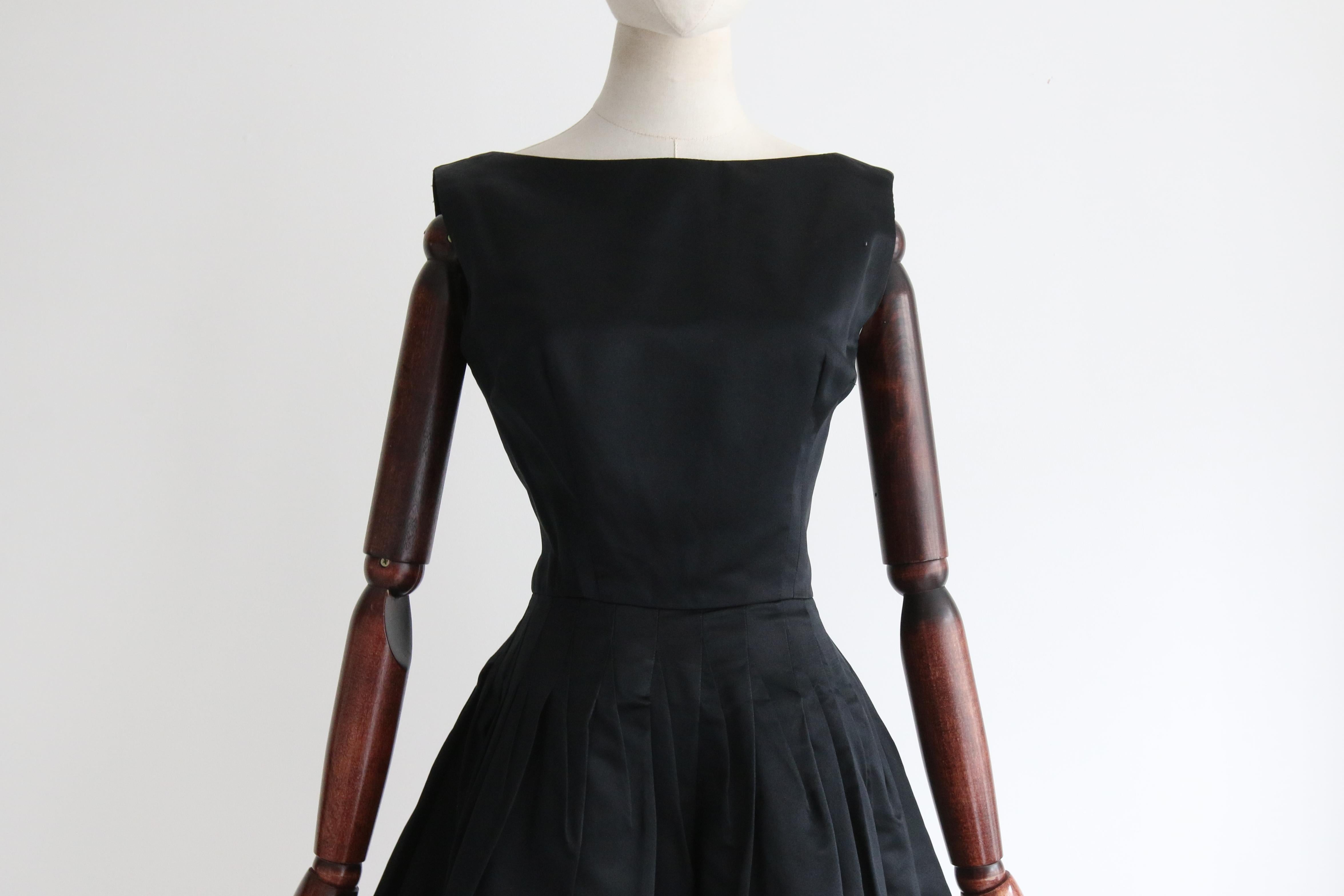 Women's 1950'S Black Satin Pointed Seam Dress UK 8 US 4 