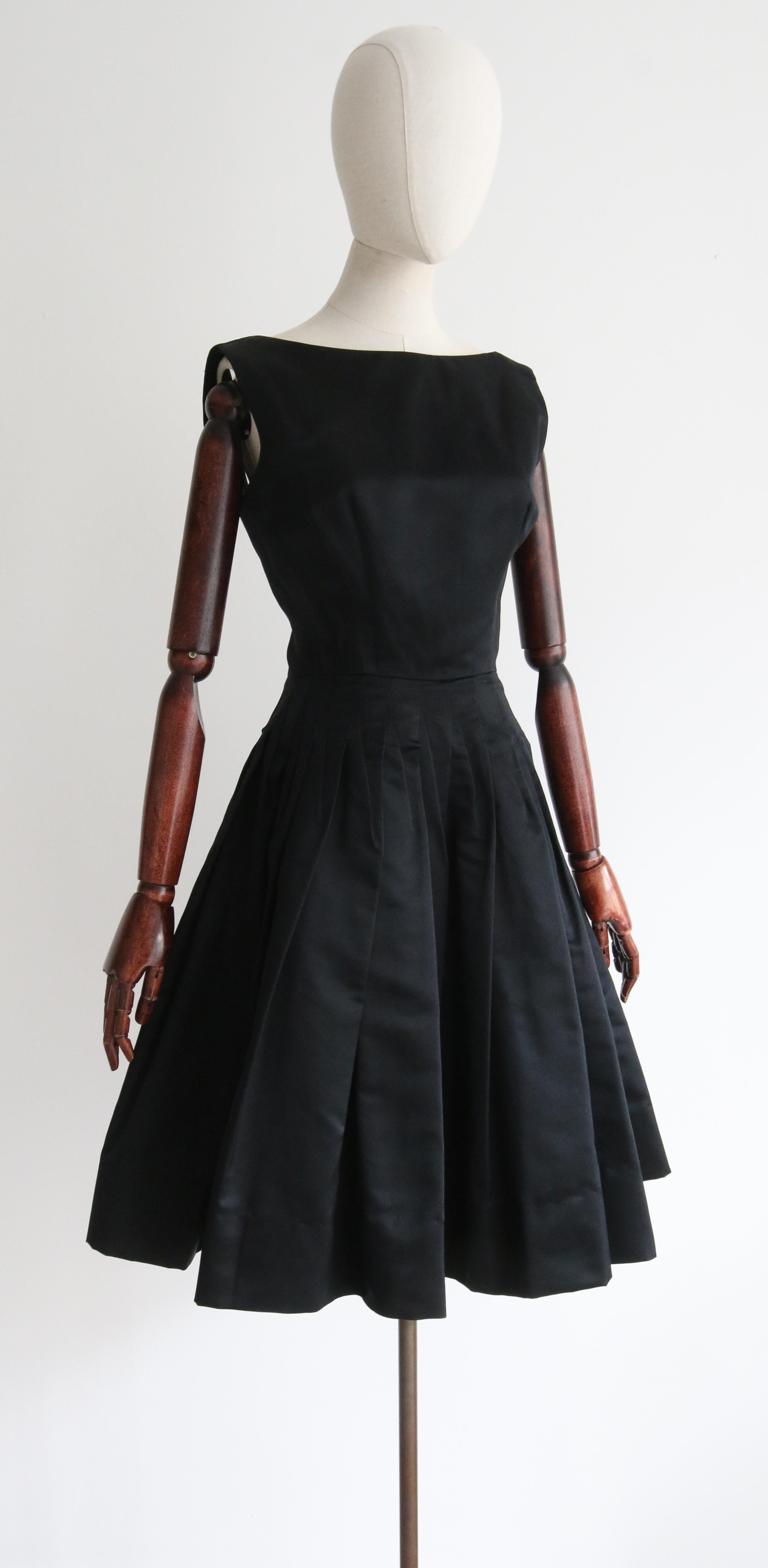 1950'S Black Satin Pointed Seam Dress UK 8 US 4  1