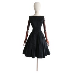 1950'S Black Satin Pointed Seam Dress UK 8 US 4 