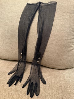 1950s Black Sheer Nylon Opera Evening Gloves w 3 Pearl Button Accent at Wrist
