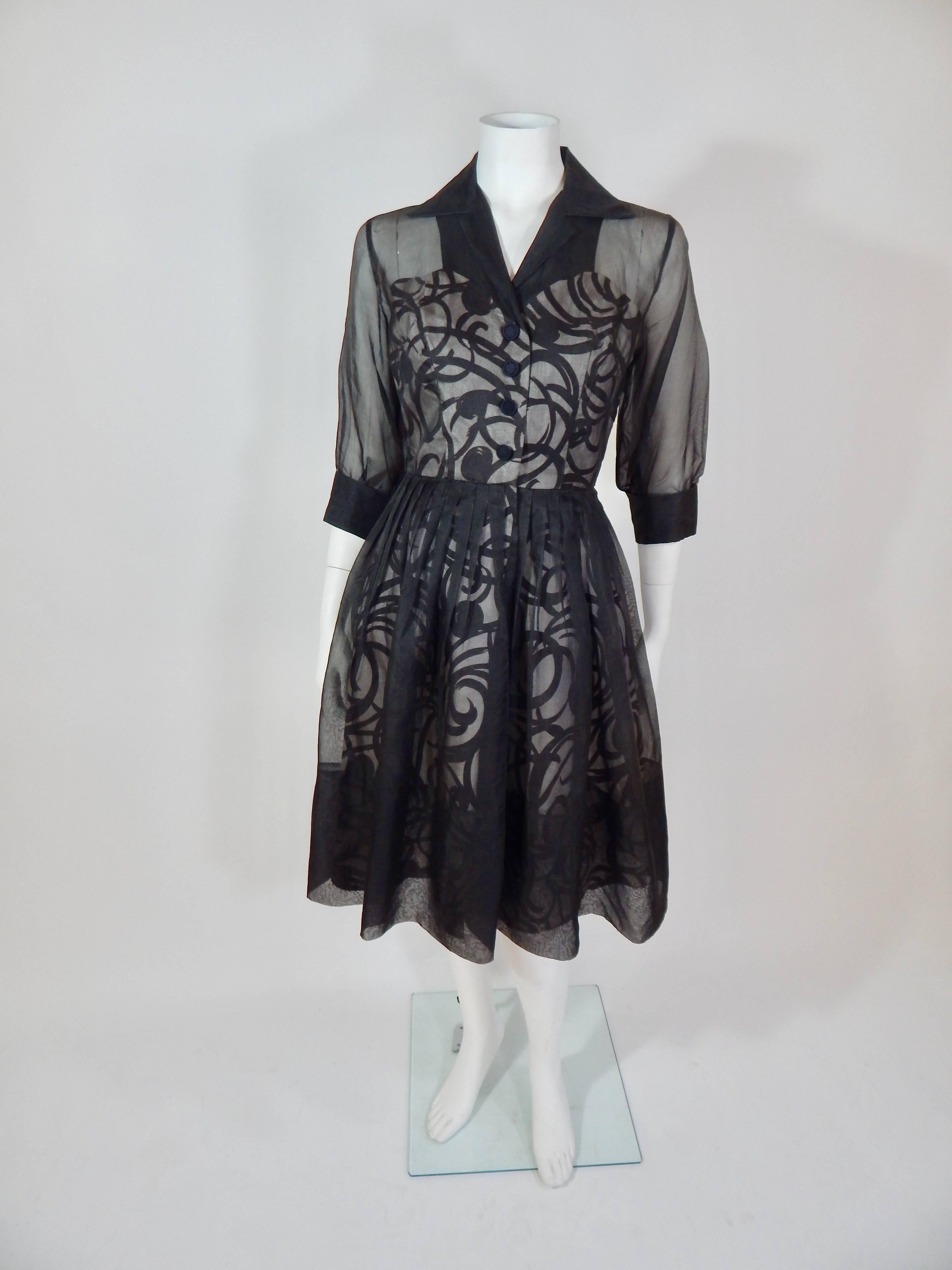 Black Sheer Organza Dress, 1950s  For Sale 3