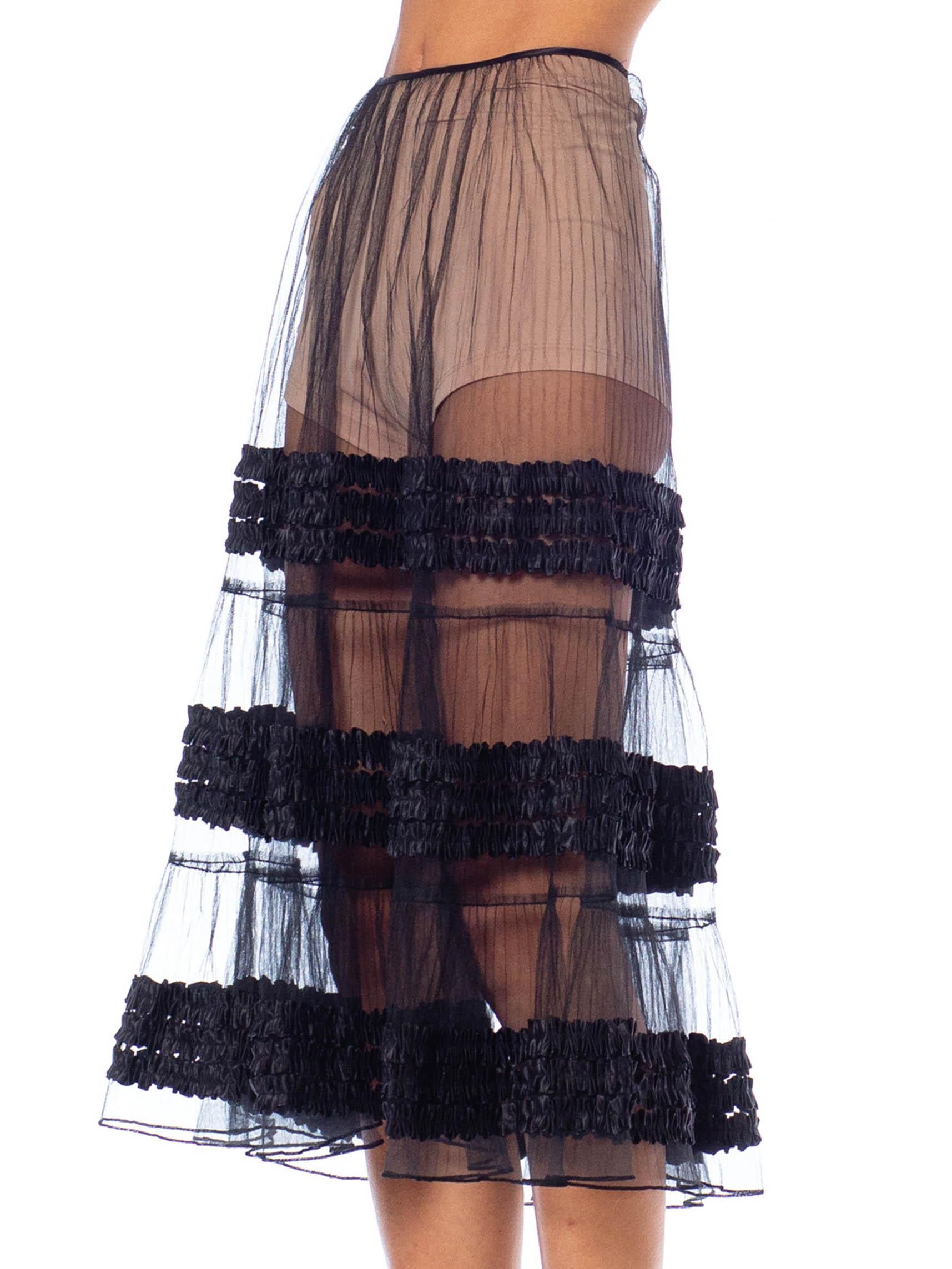 1950S Black Sheer Poly/Nylon Tulle Petticoat Skirt With Satin Ribbon Ruffles 3