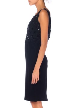 1950S Black Silk Chiffon Cocktail  Dress With Sequined And Studded Bodice