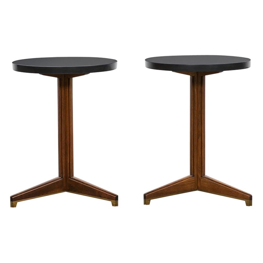 1950s Black Slate, Brown Mahogany Pair of Sidetables by Edward Wormley