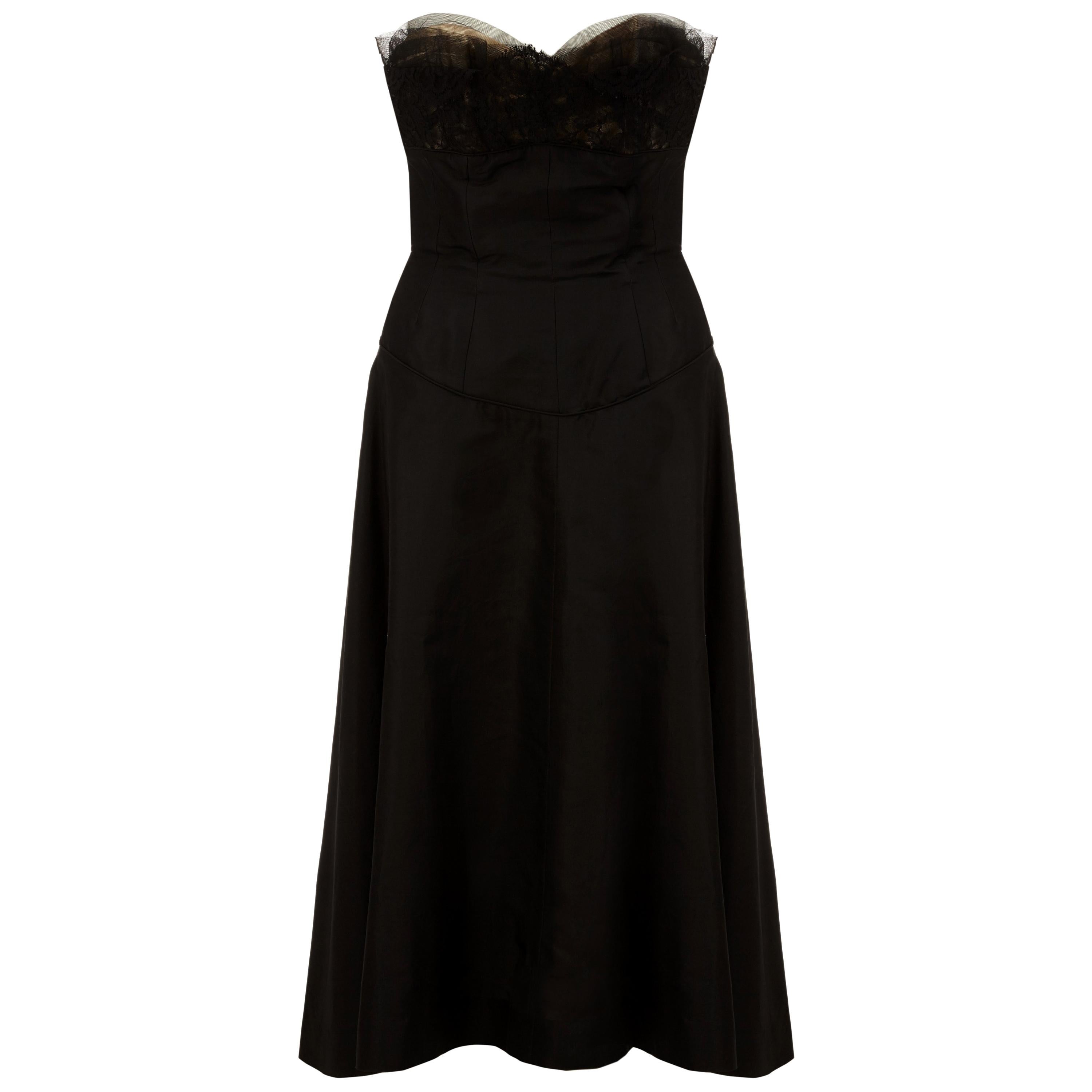 1950s Black Strapless Silk Satin and Lace Dress For Sale