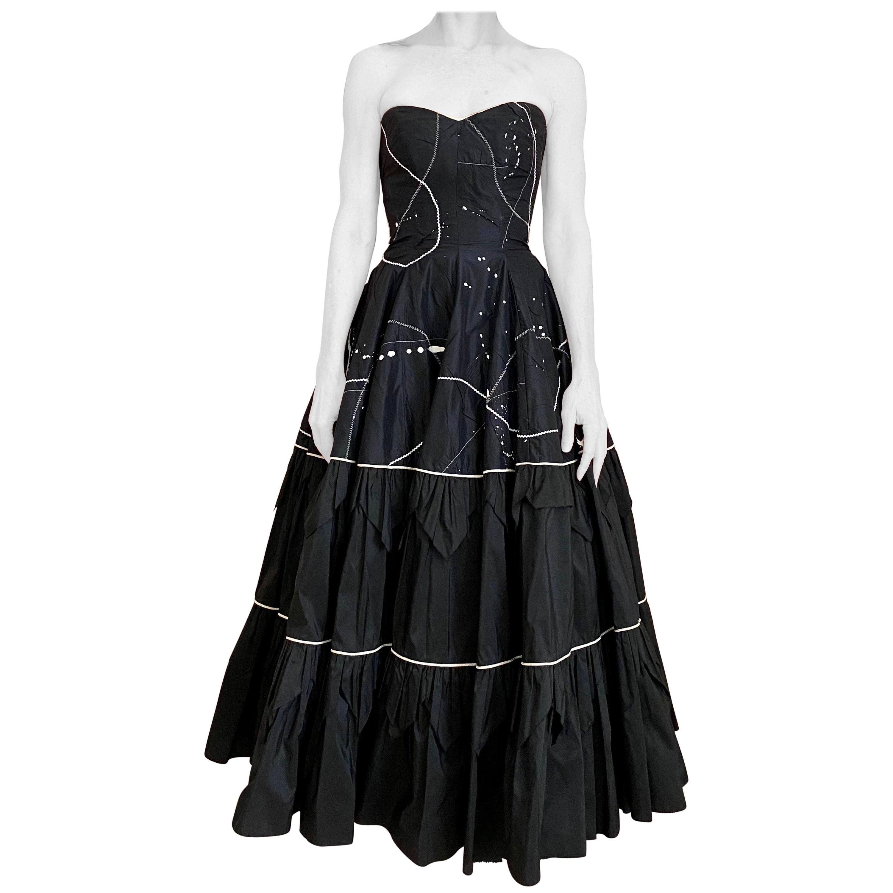 1950s Black Strapless Silk Tafetta Cocktail Dress