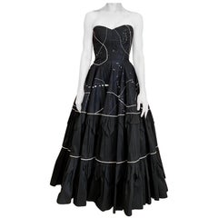 Vintage 1950s Black Strapless Silk Tafetta Cocktail Dress