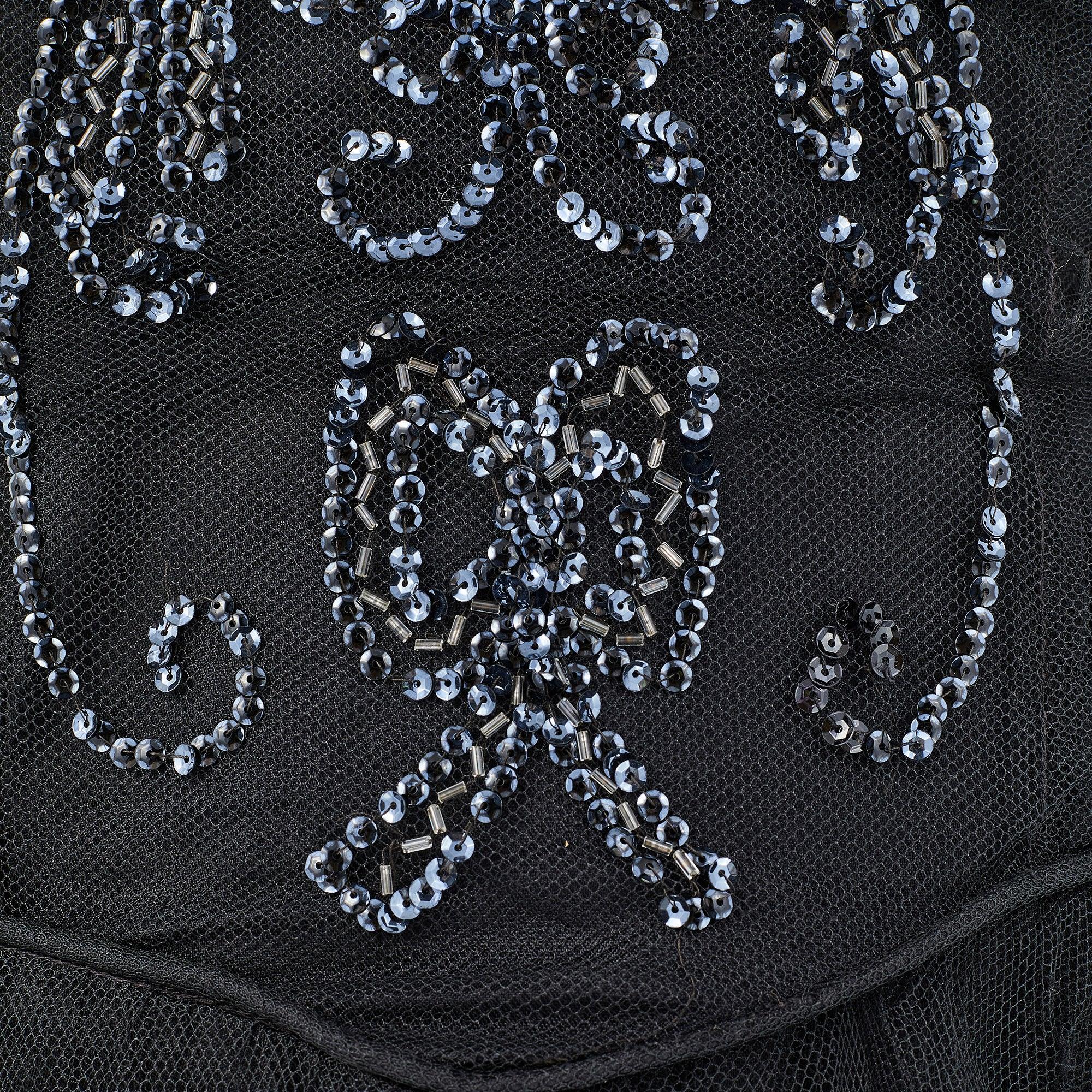 Women's 1950s Black Strapless Tulle and Sequinned Dress with Bow Design For Sale