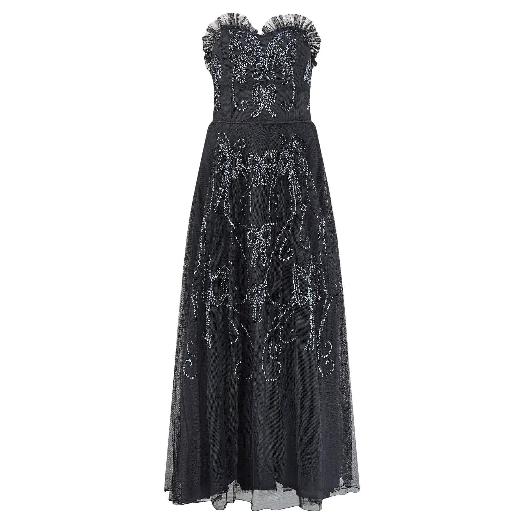 1950s Black Strapless Tulle and Sequinned Dress with Bow Design For Sale