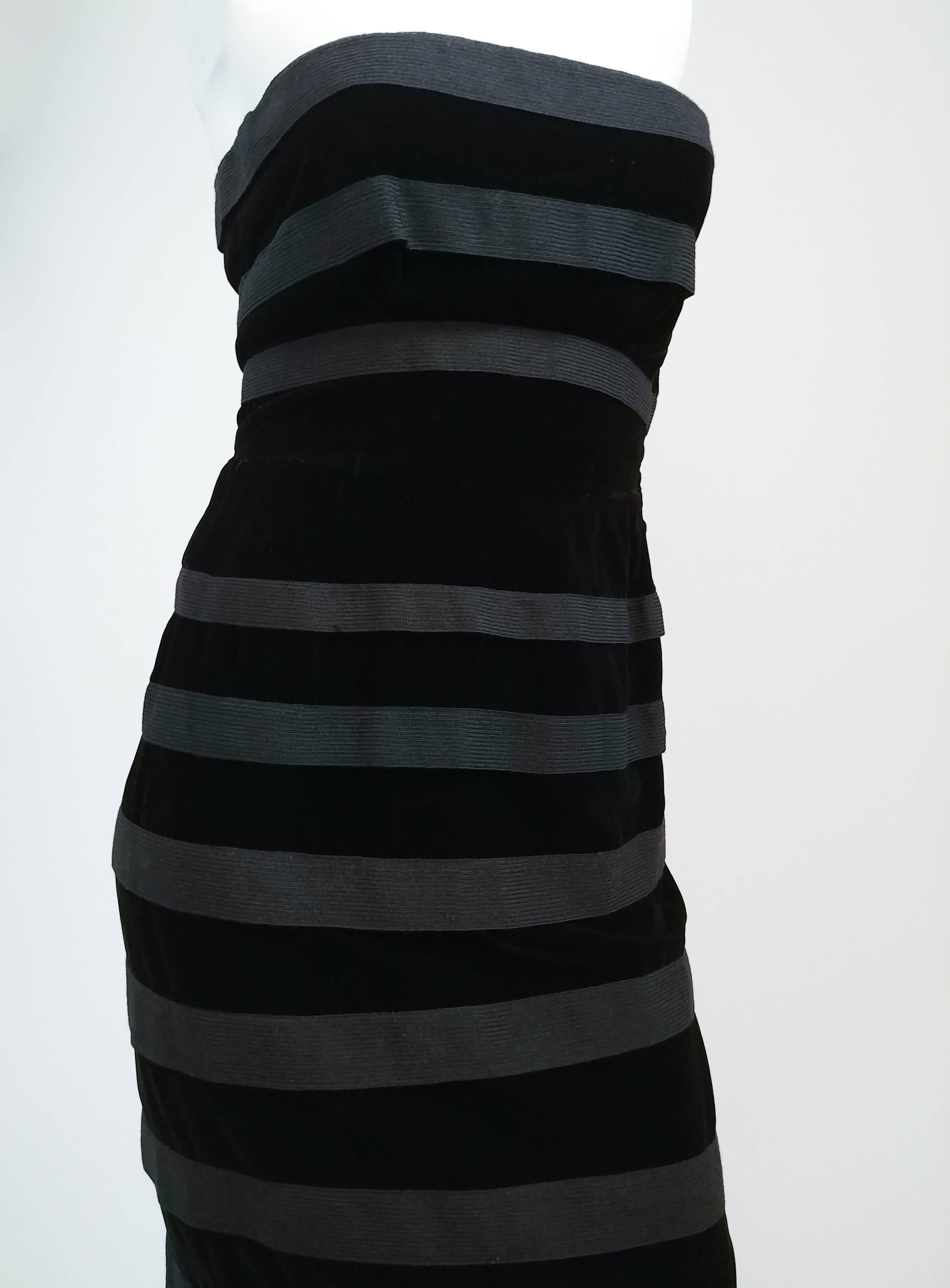 1950s Black Striped Velvet Strapless Cocktail Dress. Strapless velvet dress with crochet trim sewn on in striped pattern. 