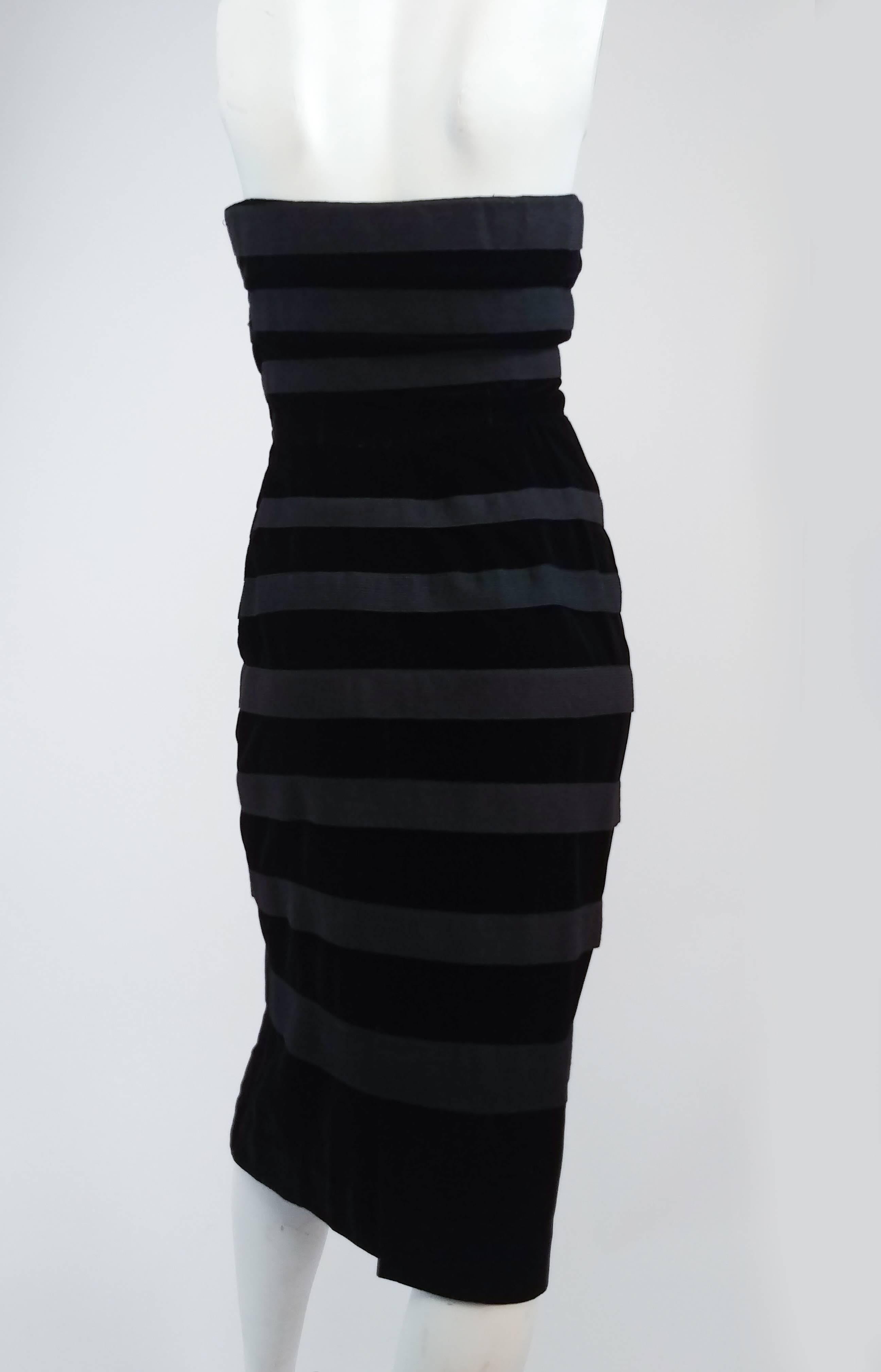 Women's Black Striped Velvet Strapless Cocktail Dress, 1950s