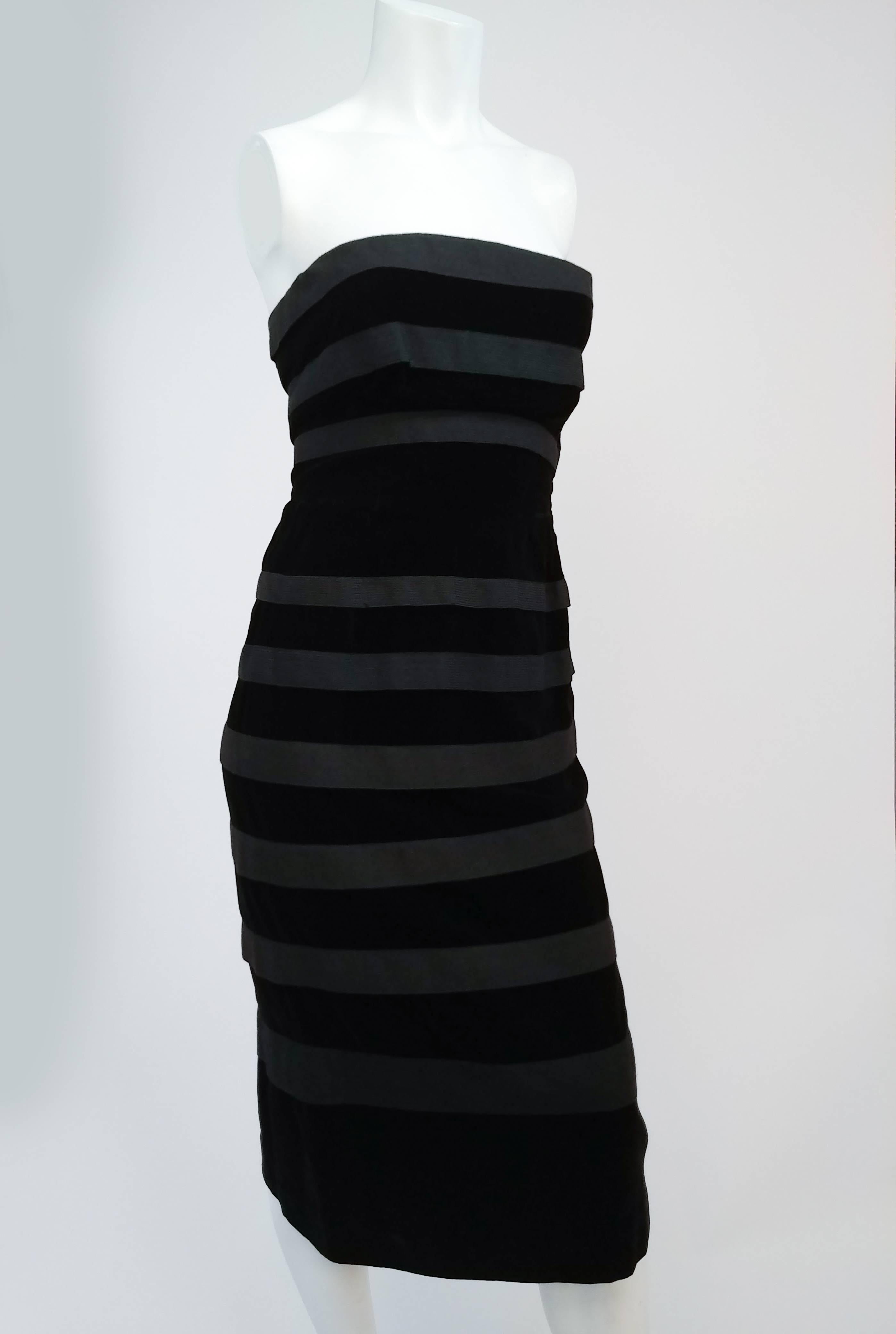 Black Striped Velvet Strapless Cocktail Dress, 1950s 1